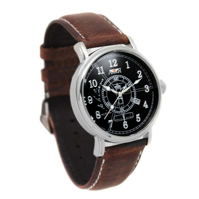 Deer Autogyro Aviator Watch AV-1068-1 black aged brown vintage leather strap historical airplane pilot watch