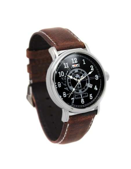 Deer Autogyro Aviator Watch AV-1068-1 black aged brown vintage leather strap historical airplane pilot watch
