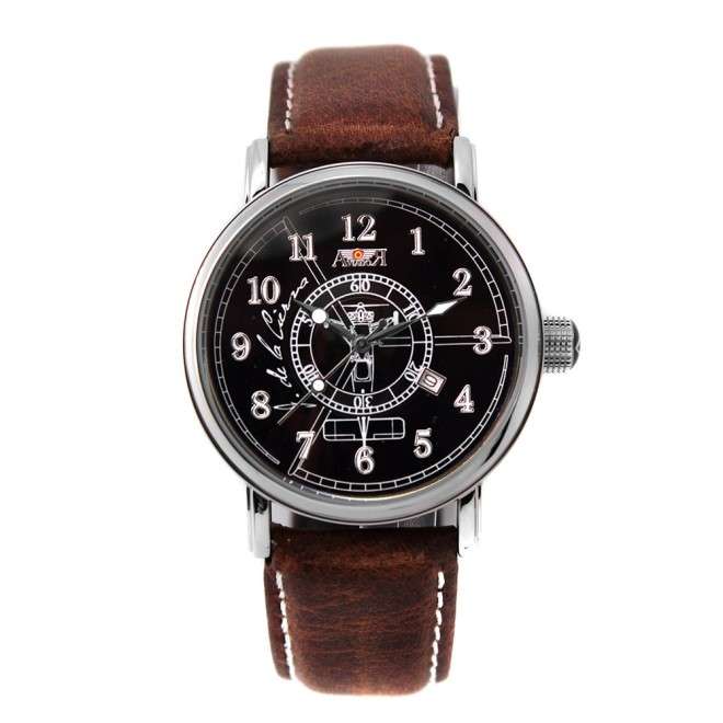 Deer Autogyro Aviator Watch AV-1068-1 black aged brown vintage leather strap historical airplane pilot watch