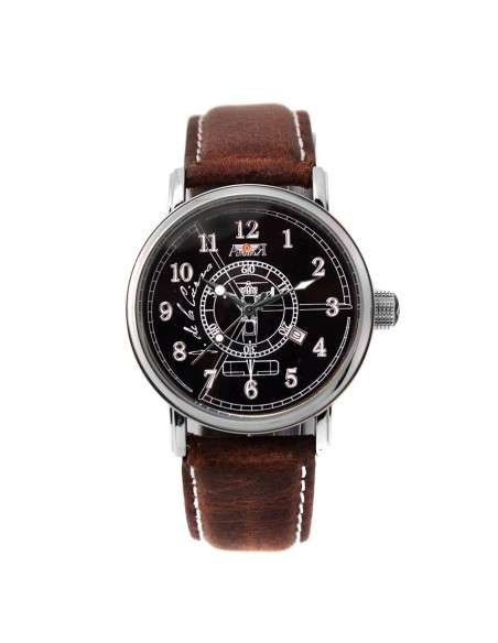 Deer Autogyro Aviator Watch AV-1068-1 black aged brown vintage leather strap historical airplane pilot watch