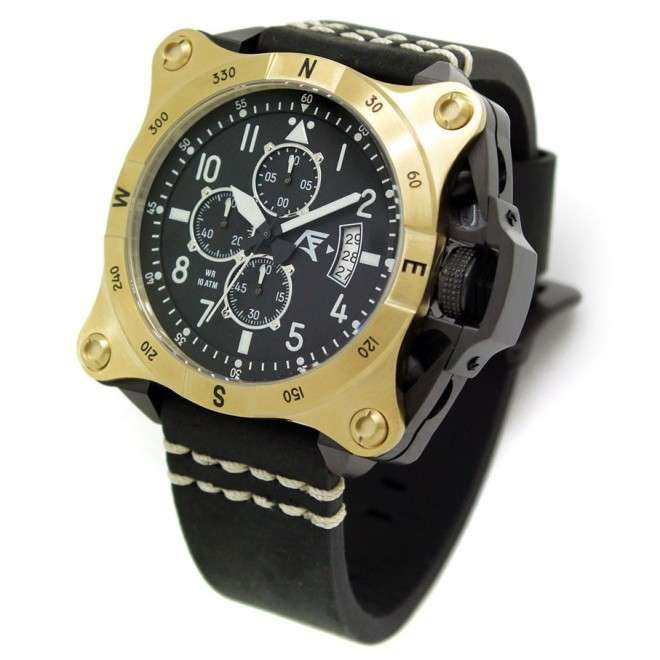 Reloj AVIADOR Instruments AV-1197-PNE Gold, caja de acero 52 mm, correa en cuero, calendario, cristal mineral, WR 10 ATM.