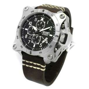 AVIATOR watch Instruments AV-1196-PME Steel, steel case 52 mm, leather strap, calendar, mineral crystal, WR 10 ATM.