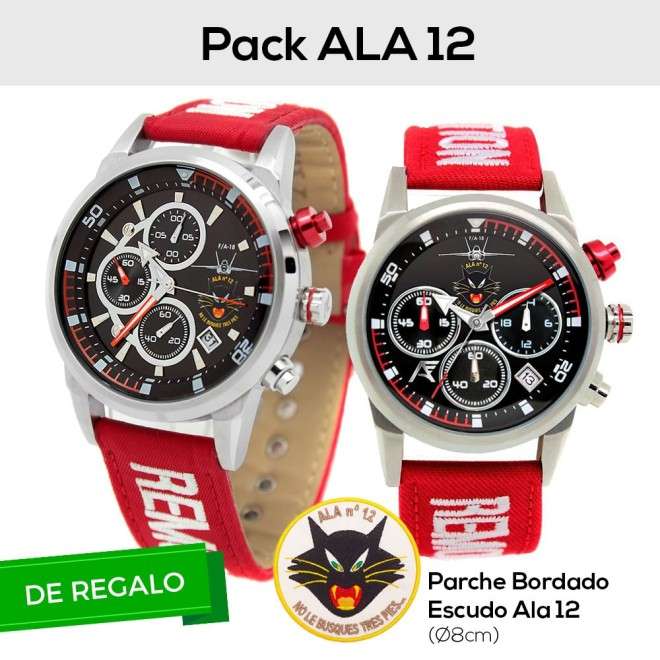 Pack ALA 12. 2x Relojes AVIADOR RBF ALA 12 Hombre y Mujer + Parche con Escudo Bordado ALA 12