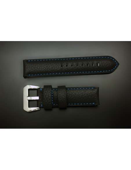 Bracelet AVIATEUR Noir en Cuir Imperméable Cousu en Bleu 20 mm