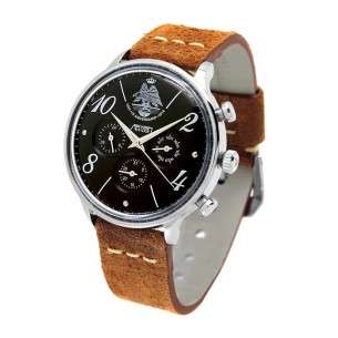 Orologio AVIATORE 75 ° anniversario AGA Quadrante nero Cinturino in pelle marrone invecchiato AV-1231-GR