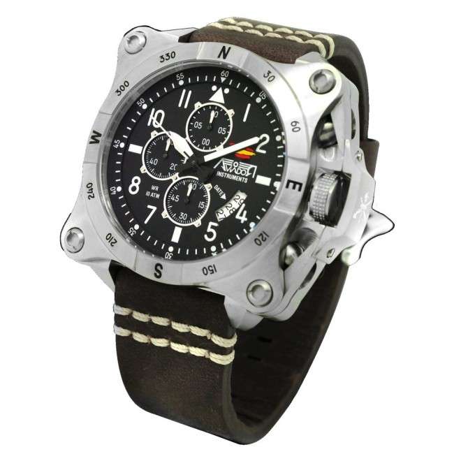 Reloj AVIADOR Instruments AV-1196-PME Steel, caja de acero 52 mm, correa en cuero, calendario, cristal mineral, WR 10 ATM.