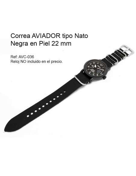 Bracelet AVIATEUR Nato en Cuir Noir 22 mm AVC-036