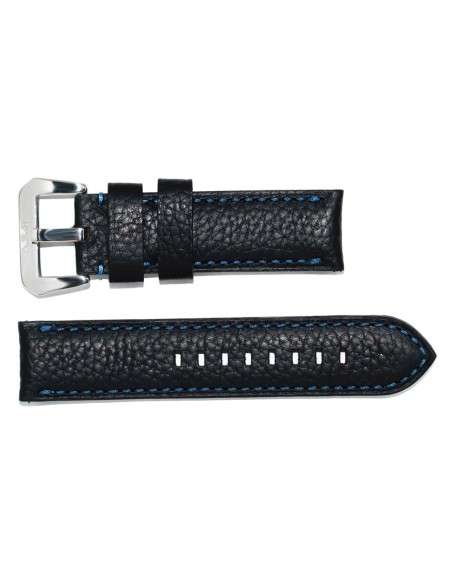 Cinturino da AVIATORE in pelle nera con cuciture blu 24mm