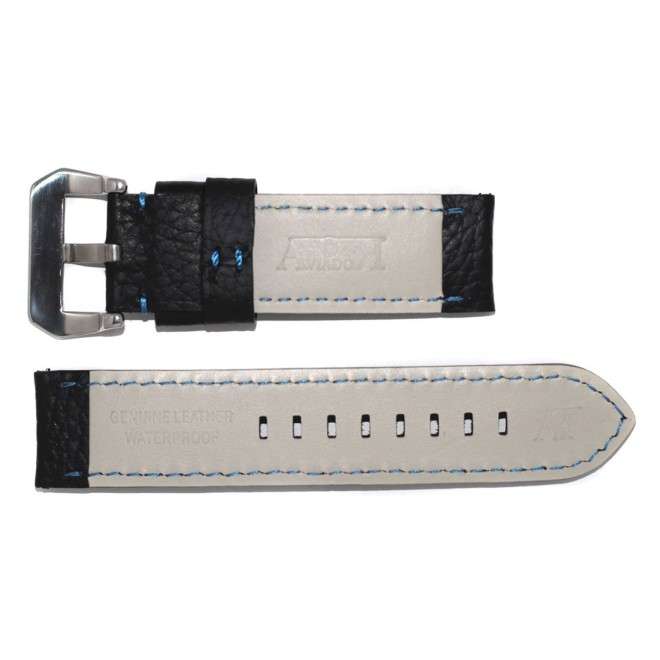 Black Leather AVIATOR Strap with Blue Stitching 24mm