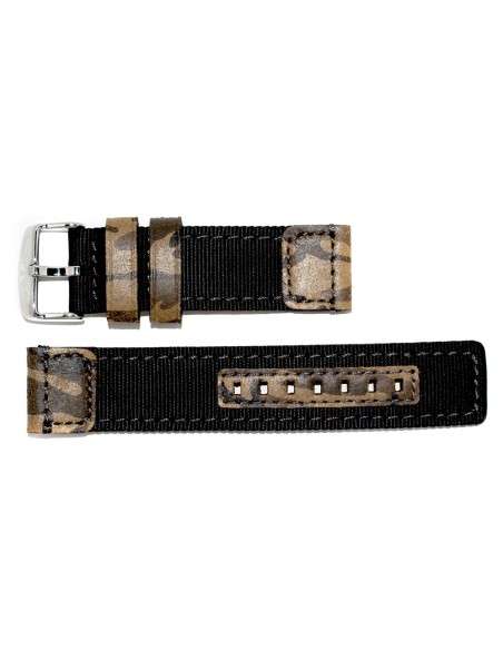 Bracelet AVIATEUR Vert Camouflage Armée en Nylon et Cuir 22mm