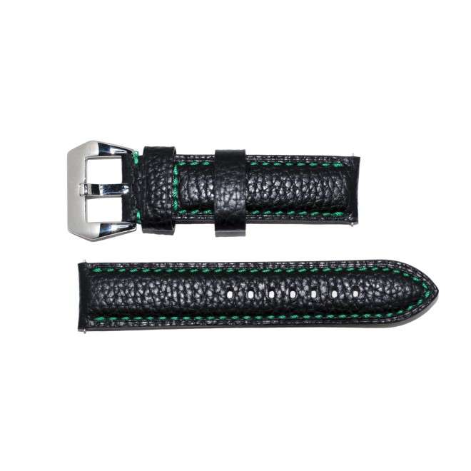 Bracelet AVIATEUR Noir en Cuir Imperméable Surpiqûres Vertes 22mm