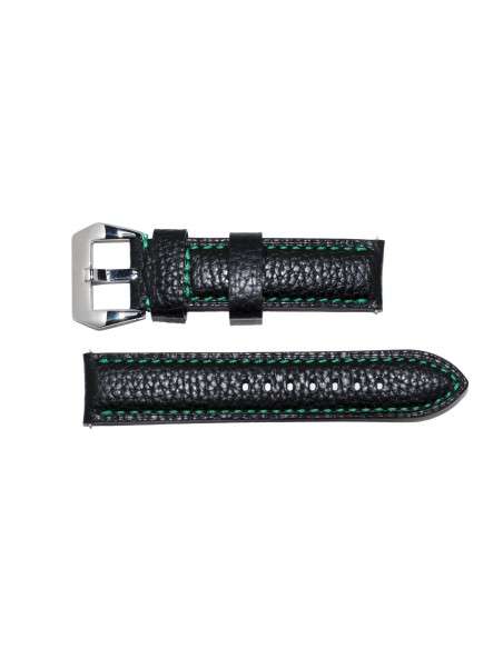 Bracelet AVIATEUR Noir en Cuir Imperméable Surpiqûres Vertes 22mm