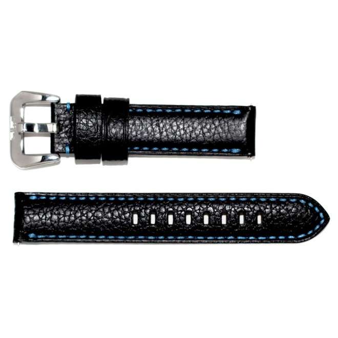Black AVIATOR Strap in Waterproof Leather Stitched in Blue 20 mm