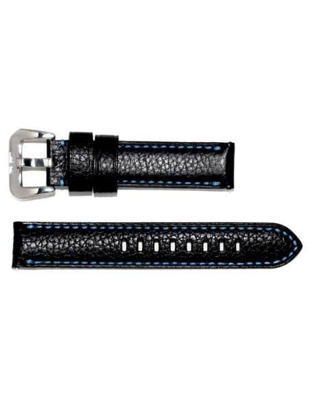 Black AVIATOR Strap in Waterproof Leather Stitched in Blue 20 mm